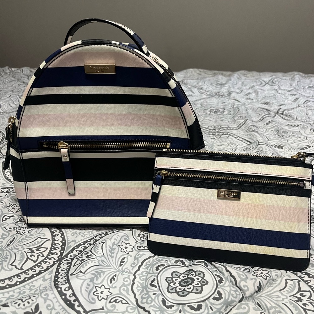 Kate Spade Striped Backpack and Pouch Set - Black, Pink, Blue
